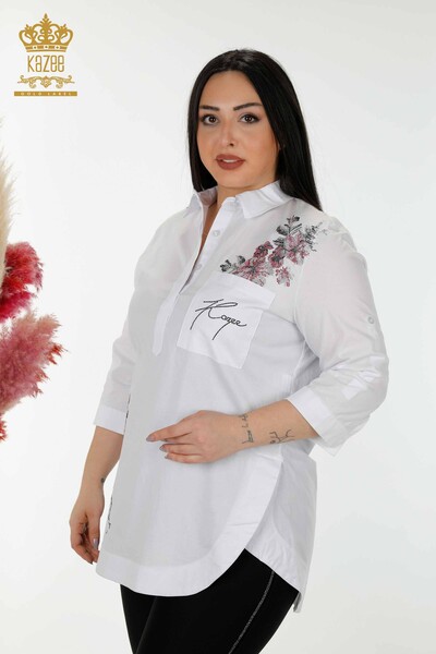 Venta al por mayor Camisa de mujer - Bordado floral Blanco - 20112 | kazee - Thumbnail