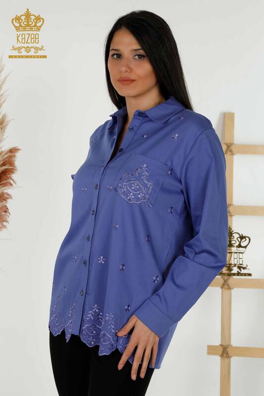 Venta al por mayor Camisa Mujer - Estampado Floral - Bolsillo - Lila - 20412 | kazee
