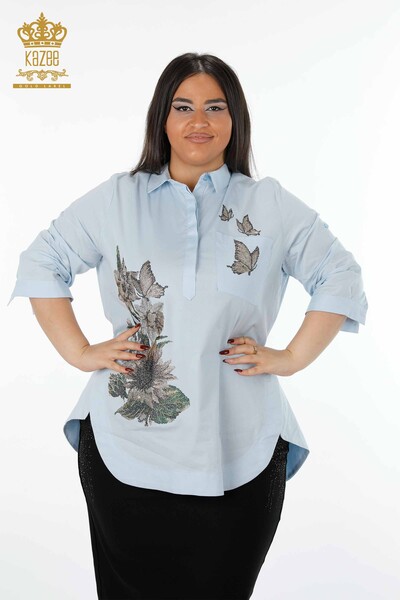 Venta al por mayor Camisa de Mujer con Estampado de Mariposas Florales Bordados de Algodón Stony - 20128 | kazee - Thumbnail