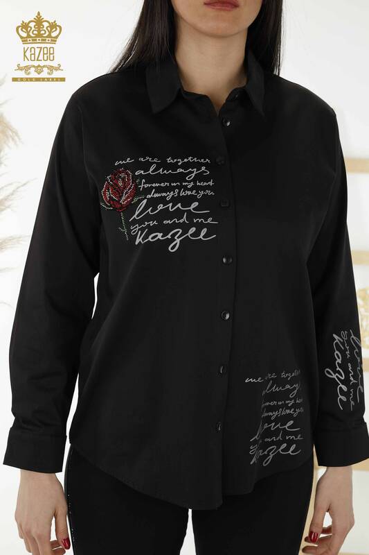 Venta al por mayor Camisa de mujer - Estampado de rosas - Negro - 20227 | kazee