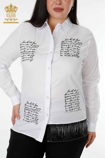 Venta al por mayor Camisa de mujer con texto detallado blanco - 20097 | kazee - Thumbnail