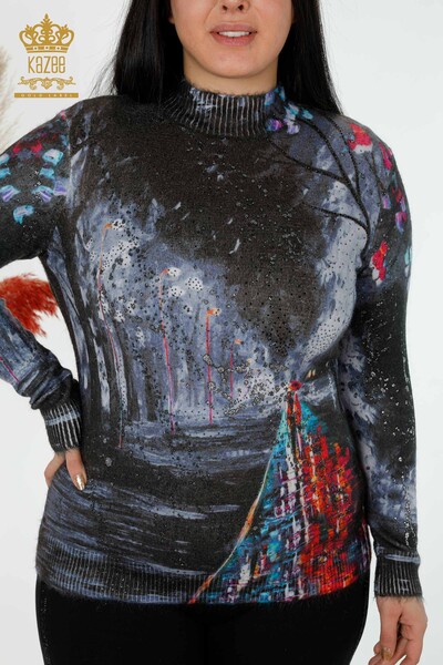 Venta al por mayor Sweater Mujer Angora Digital Print Navy - 16009 | kazee - Thumbnail