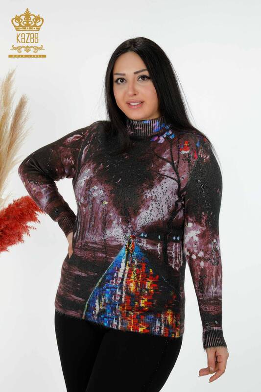 Venta al por mayor Suéter Mujer Angora Estampado Digital Marrón - 16009 | kazee
