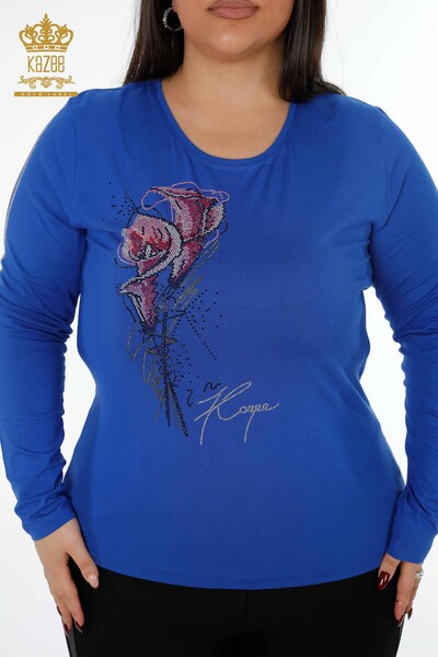 Venta al por mayor Blusa de mujer con cuello redondo y manga a rayas con diseño de rosas de piedra - 79023 | kazee - Thumbnail
