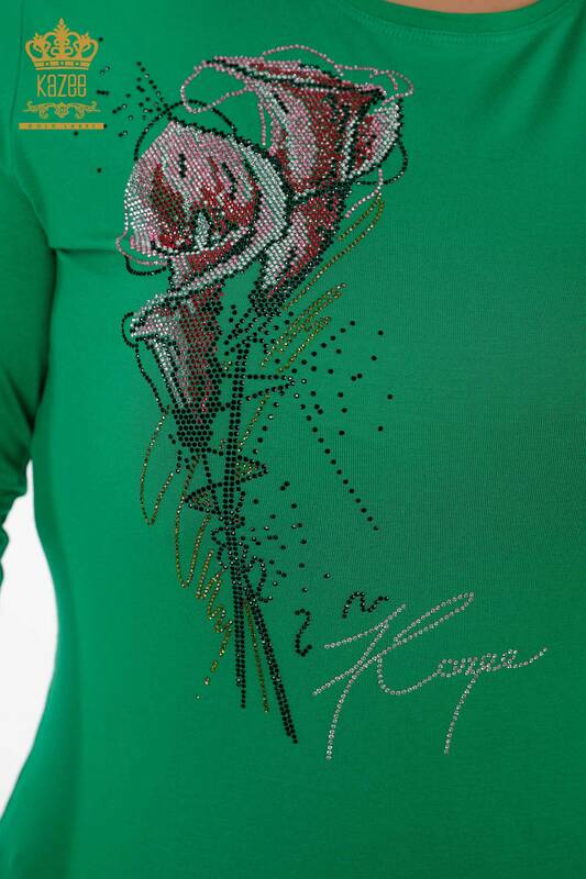 Venta al por mayor Blusa de mujer con cuello redondo y manga a rayas con diseño de rosas de piedra - 79023 | kazee