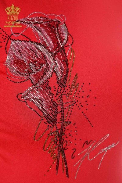 Venta al por mayor Blusa de mujer con cuello redondo y manga a rayas con diseño de rosas de piedra - 79023 | kazee - Thumbnail