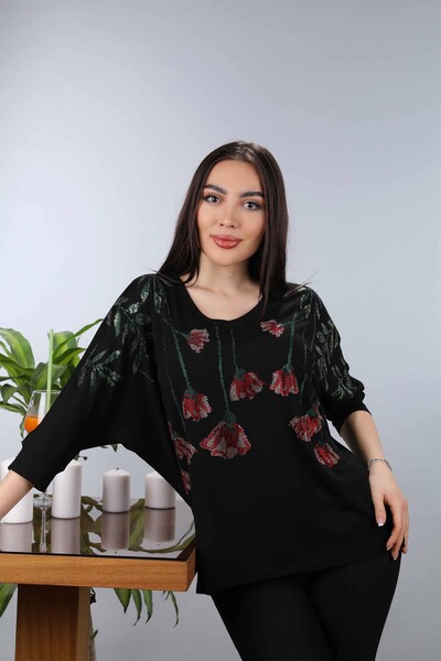Venta al por mayor Blusa de mujer bordada patrón de rosas de colores - 77878 | kazee - Thumbnail