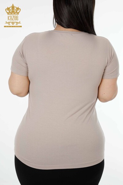 Venta al por mayor Blusa con bordado de piedra para mujer, cuello redondo, color beige - 78970 | kazee - Thumbnail