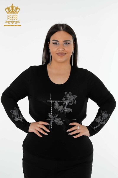 Venta al por mayor Blusa de Mujer Negra Bordada en Piedra - 79011 | kazee - Thumbnail