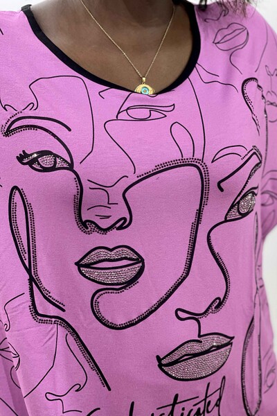 Venta al por mayor Blusa de Mujer con Estampado de Cara y Cuello Redondo - 17151 | kazee - Thumbnail