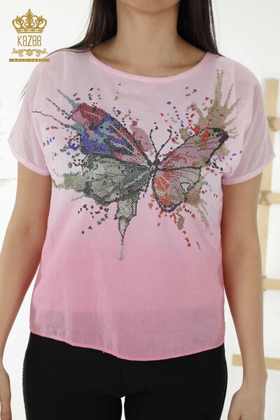 Al por mayor Blusa de mujer - Patrón de mariposa colorida - Rosa - 79165 | kazee - Thumbnail