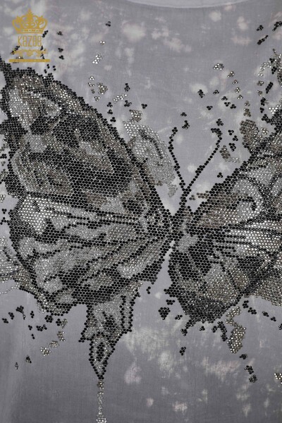 Al por mayor Blusa de mujer - Patrón de mariposa colorida - Negro - 79165 | kazee - Thumbnail
