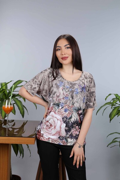 Venta al por mayor Blusa de mujer con diseño de mariposas y rosas de colores - 77803 | kazee - Thumbnail