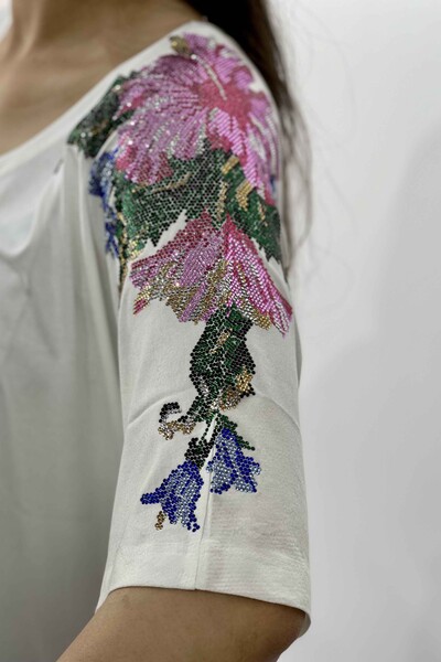 Venta al por mayor Blusa de mujer con cuello en V y mangas con patrón floral - 77437 | kazee - Thumbnail
