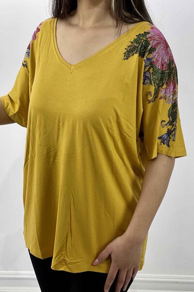 Venta al por mayor Blusa de mujer con cuello en V y mangas con patrón floral - 77437 | kazee - Thumbnail