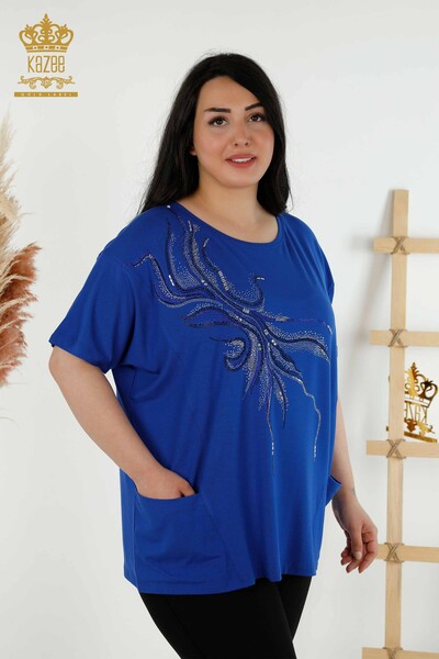 Venta al por mayor Blusa de Mujer - Dos Bolsillos - Azul Oscuro - 79294 | kazee - Thumbnail