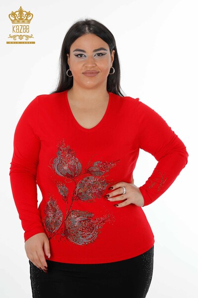 Venta al por mayor Blusa de mujer con cuello en V y flores bordadas con piedras de colores detalladas - 79022 | kazee - Thumbnail