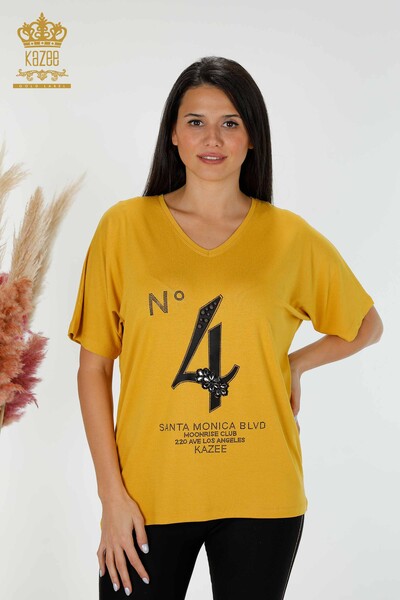 Venta al por mayor Blusa de Mujer Con Texto Detallado Azafrán - 78935 | kazee - Thumbnail