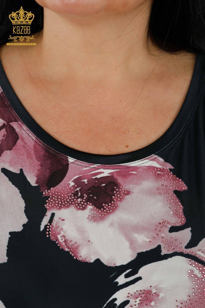 Venta al por mayor Blusa de Mujer - Floral Estampado - Azul Marino - 77802 | kazee - 5