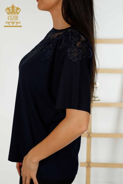 Venta al por mayor Blusa de Mujer - Estampado Floral - Azul Marino - 79081 | kazee - Thumbnail