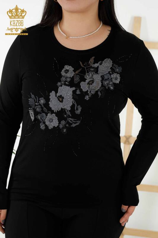 Venta al por mayor Blusa de Mujer - Floral Estampado - Negra - 79045 | kazee