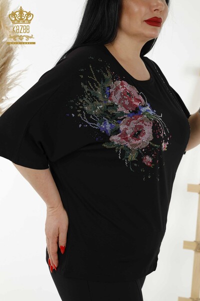 Venta al por mayor Blusa de Mujer - Estampado Floral - Negra - 79061 | kazee - Thumbnail