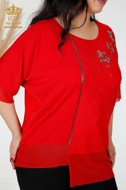 Venta al por mayor Blusa de Mujer Estampado Floral Tul Detallado Rojo - 79032 | kazee