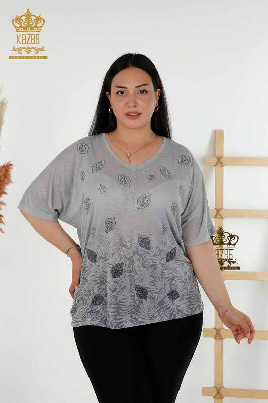 Venta al por mayor Blusa de Mujer - Estampado de Hojas - Gris - 79135 | kazee