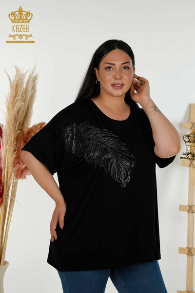 Venta al por mayor Blusa de Mujer - Estampado de Hojas - Negra - 79322 | kazee - Thumbnail