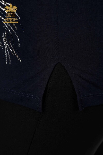 Venta al por mayor Blusa de Mujer con Estampado de Hojas Azul Marino - 77970 | kazee - Thumbnail