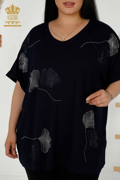 Venta al por mayor Blusa de Mujer - Estampado de Hojas - Azul Marino - 79318 | kazee - 2