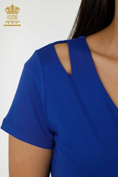Al por Mayor Blusa de Mujer Hombro Detallado Azul Oscuro - 79220 | kazee - Thumbnail