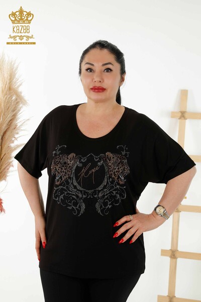 Venta al por mayor Blusa de Mujer - Estampado de Leopardo - Negro - 77648 | kazee 