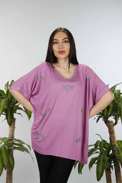 Venta al por mayor Blusa de Mujer con Estampado de Libélula Bordada en Piedra - 77583 | kazee - Thumbnail