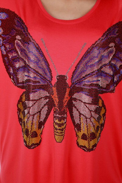 Venta al por mayor Blusa de mujer de manga corta con detalle de mariposa de piedra - 78904 | kazee - Thumbnail