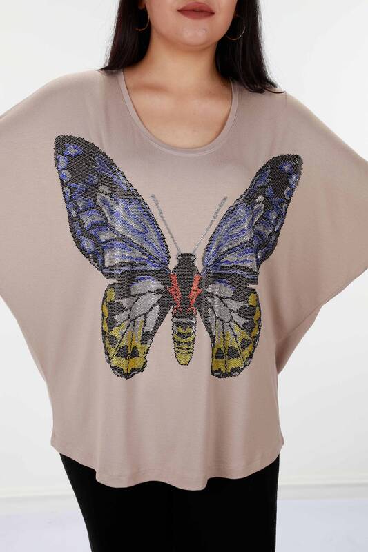 Venta al por mayor Blusa de mujer de manga corta con detalle de mariposa de piedra - 78904 | kazee