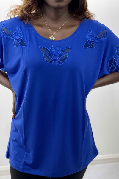 Venta al por mayor Blusa de mujer con detalle de mariposa y cuello redondo - 77442 | kazee - Thumbnail (2)