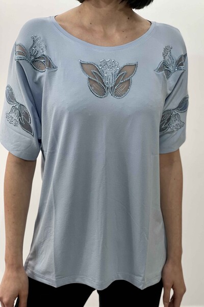 Venta al por mayor Blusa de mujer con detalle de mariposa y cuello redondo - 77442 | kazee - Thumbnail
