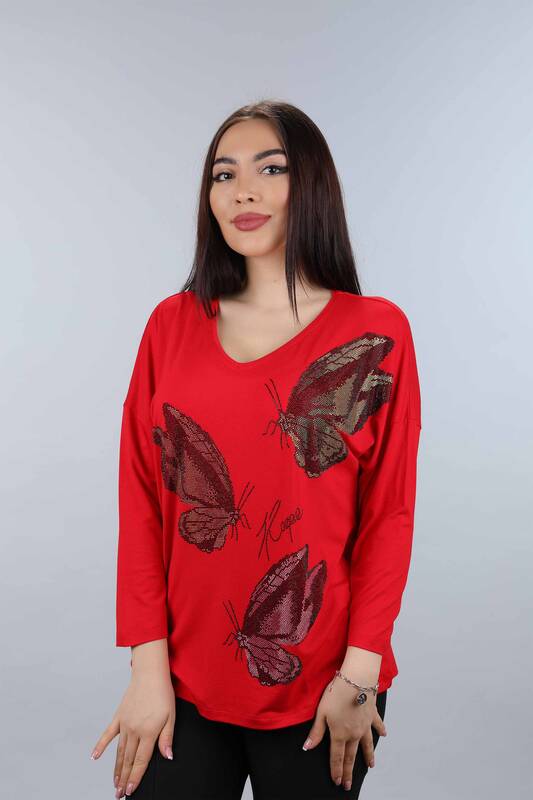 Venta al por mayor Blusa de Mujer con Estampado de Mariposas y Piedras Bordadas - 77939 | kazee