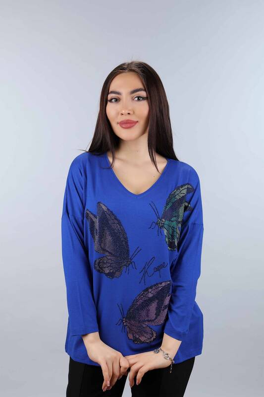 Venta al por mayor Blusa de Mujer con Estampado de Mariposas y Piedras Bordadas - 77939 | kazee