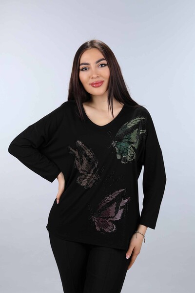 Venta al por mayor Blusa de Mujer con Estampado de Mariposas y Piedras Bordadas - 77939 | kazee - Thumbnail