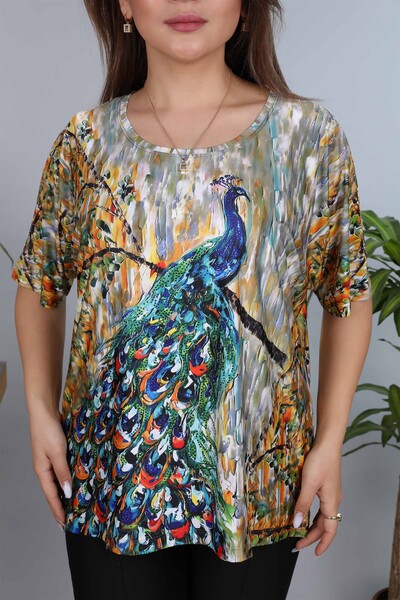 Venta al por mayor Blusa de Mujer Patrón Color Pavo Real - 77780 | kazee - Thumbnail