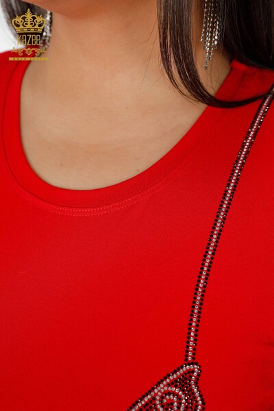 Venta al por mayor Blusa de Mujer con Bordado de Piedra y Cuello Redondo Roja - 79000 | kazee - Thumbnail