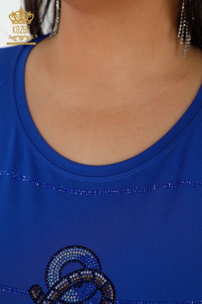 Venta al por mayor Blusa de mujer con bordado de piedra y cuello redondo Saks - 78970 | kazee - Thumbnail