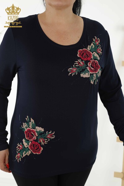Al por Mayor Blusa de Mujer - Estampado de Rosas - Azul Marino - 79046 | kazee - 2