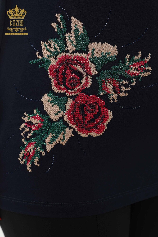 Al por Mayor Blusa de Mujer - Estampado de Rosas - Azul Marino - 79046 | kazee - 3