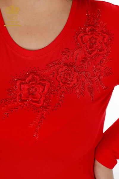 Venta al por mayor Blusa de Mujer con Estampado de Rosas y Cuello Redondo Bordado con Piedras - 79004 | kazee - Thumbnail