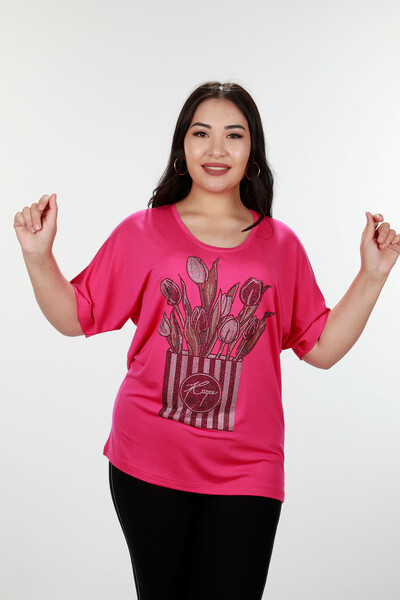 Venta al por mayor Blusa de Mujer Rosa Estampada Kazee Logo Embellecido - 78940 | kazee - Thumbnail