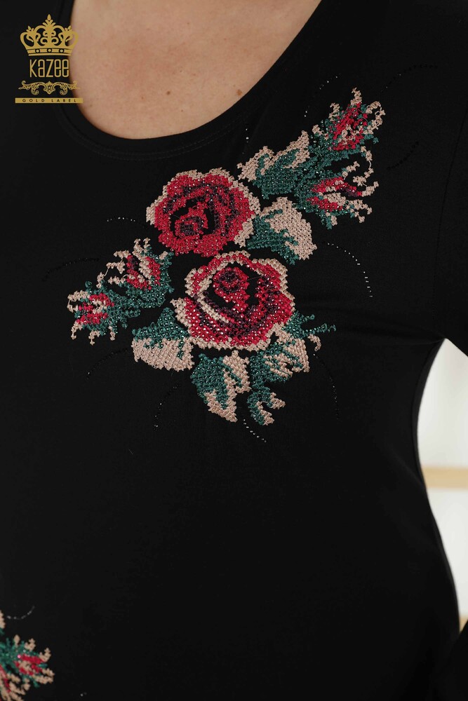 Venta al por mayor Blusa de Mujer - Estampado de Rosas - Negra - 79046 | kazee - 4