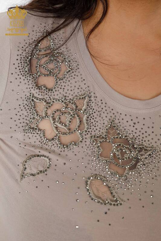 Venta al por mayor Blusa de Mujer con Estampado de Rosas de Tul Detallado con Piedras - 78999 | kazee